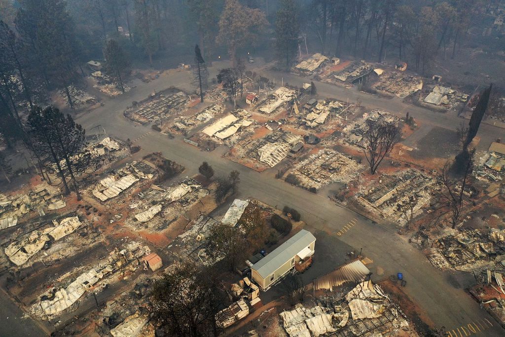 An aerial view of the destroyed town of Paradise, California.