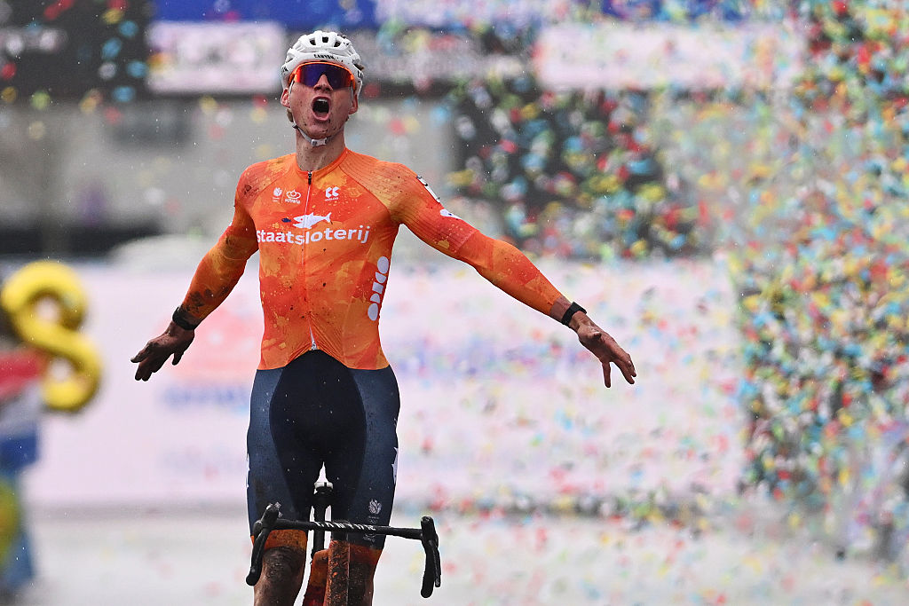 HULST, NETHERLANDS - FEBRUARY 01: Mathieu Van Der Poel of Netherlands celebrates at finish line as race winner during the 77th UCI Cyclo-Cross World Championships 2026 - Men&amp;apos;s Elite / #UCIWT / on February 01, 2026 in Hulst, Netherlands. (Photo by Luc Claessen/Getty Images)