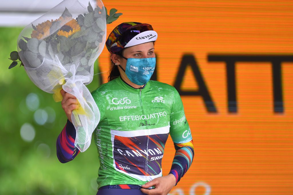 OVADA ITALY JULY 04 Elise Chabbey of Switzerland and Canyon SRAM Racing Team Green Mountain Jersey celebrates at podium during the 32nd Giro dItalia Internazionale Femminile 2021 Stage 3 a 135km stage from Casale Monferrato to Ovada GiroDonne UCIWWT on July 04 2021 in Ovada Italy Photo by Luc ClaessenGetty Images