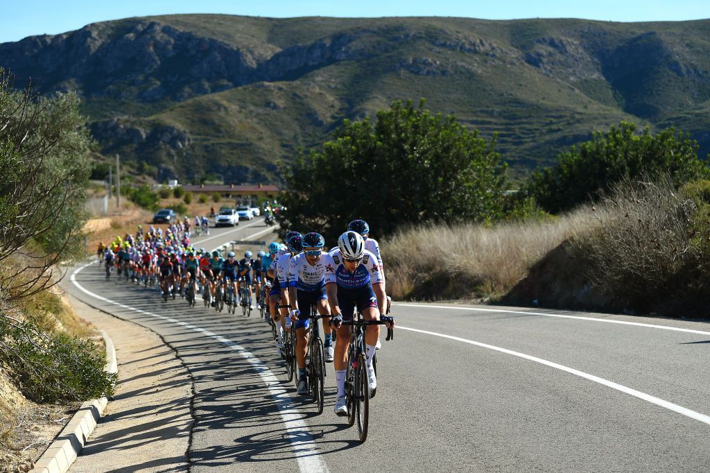 TORRENT SPAIN FEBRUARY 03 Josef Cerny of Czech Republic and Team QuickStep Alpha Vinyl leads The Peloton during the 73rd Volta A La Comunitat Valenciana 2022 Stage 2 a 1715km stage from Btera to Torrent VCV2022 on February 03 2022 in Torrent Spain Photo by Dario BelingheriGetty Images