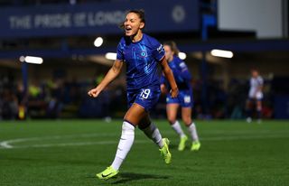 Johanna Rytting Kaneryd of Chelsea celebrates scoring their teams fifth goal during the Barclays Women's Super League match between Chelsea and Tottenham Hotspur at Kingsmeadow on October 20, 2024 in Kingston upon Thames, England.