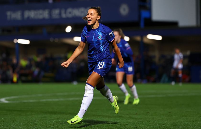 Johanna Rytting Kaneryd of Chelsea celebrates scoring their teams fifth goal during the Barclays Women&#039;s Super League match between Chelsea and Tottenham Hotspur at Kingsmeadow on October 20, 2024 in Kingston upon Thames, England.