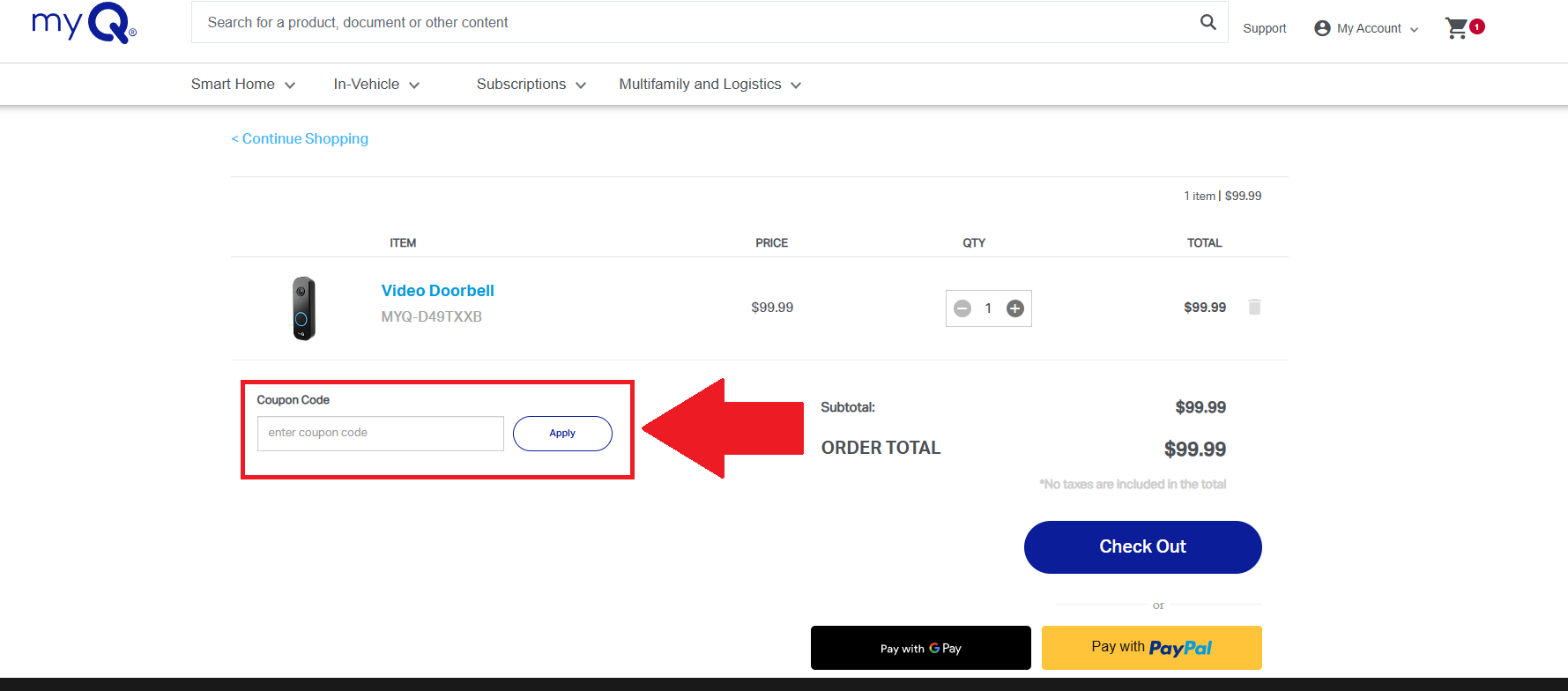 A screenshot of the myq checkout screen showing where to enter a myq promo code