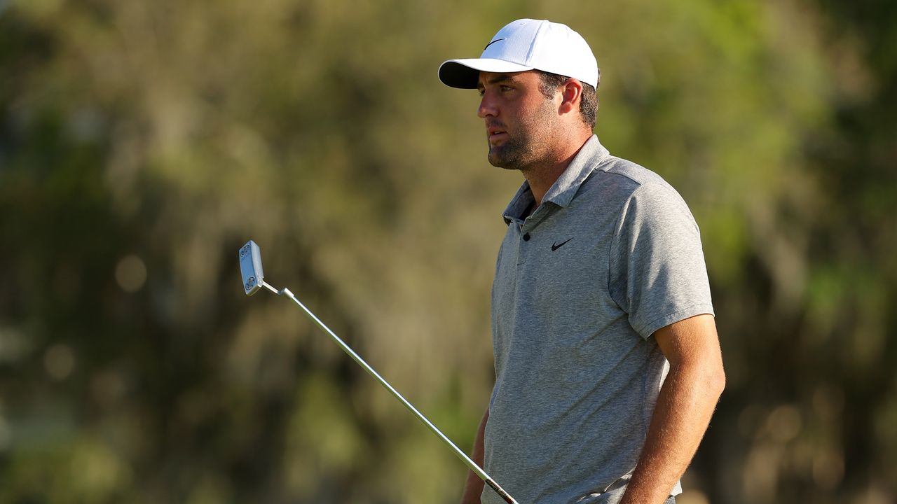 Scottie Scheffler looks on from the 18th green during the RBC Heritage.