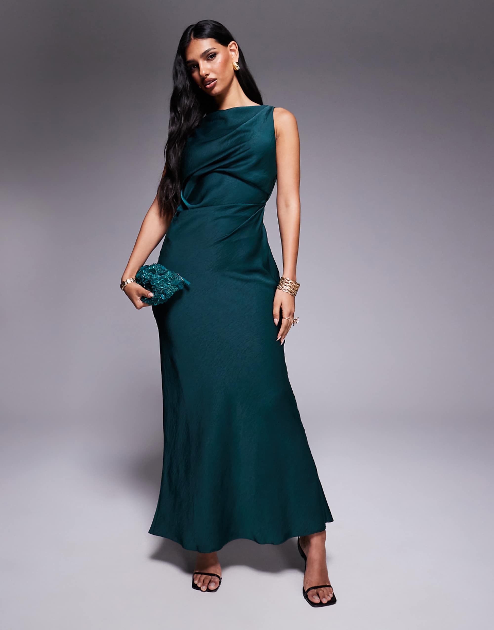 Asos Design Draped Bodice Satin Maxi Dress With Cowl Back Detail in Teal