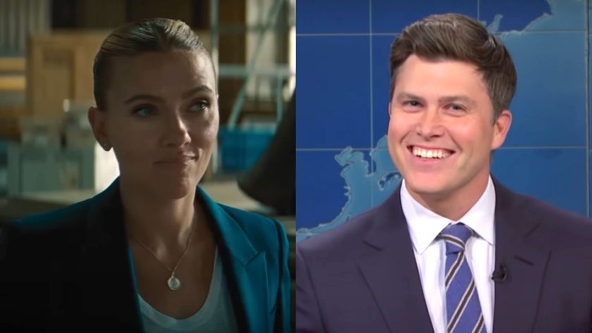 Scarlet Johansson half smiling in Jurassic World Rebirth and Colin Jost on Weekend Update (side by side) 