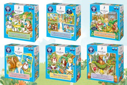 Collage showing the six new Peter Rabbit games from Orchard Toys