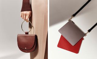 Left, a woman holding a "D" shaped brown handbag with a round handle. Right, a red and a grey handbag on a white surface with a black strap.