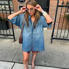 Vanessa wears denim dress look and cowboy boots, vanessa wears baggy pants and a vest, vanessa wears long plaid shorts and halter top