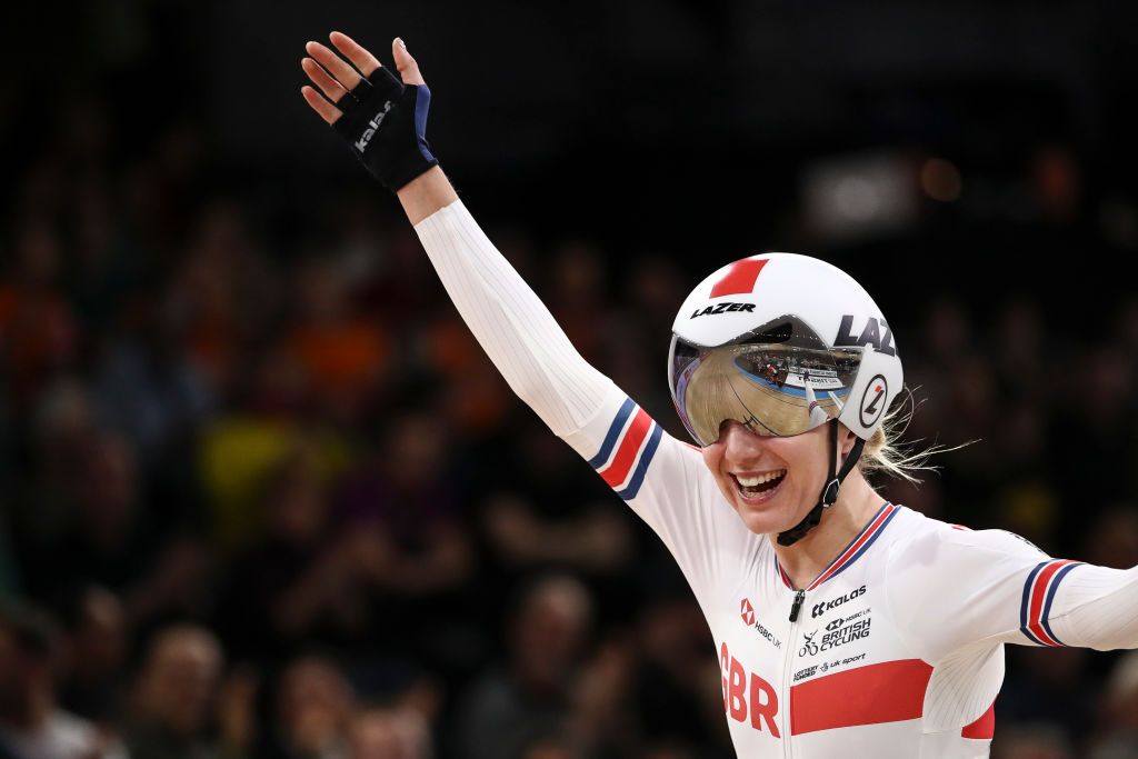 BERLIN GERMANY MARCH 01 Elinor Barker of Great Britain celebrates after winning Womens Points Race during day 5 of the UCI Track Cycling World Championships Berlin at Velodrom on March 01 2020 in Berlin Germany Photo by Maja HitijGetty Images