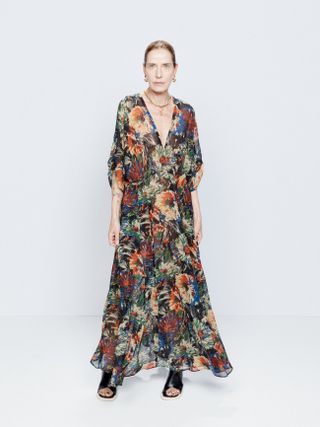 Chrysanthemum print elasticated-waist silk dress