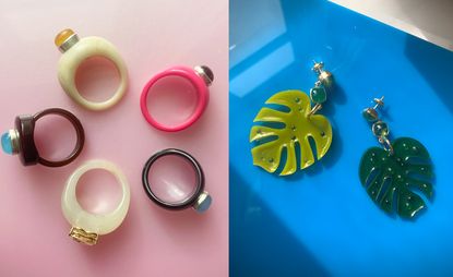 colourful jewellery, rings and palm-leaf-shaped green earrings, by Tessa Packard