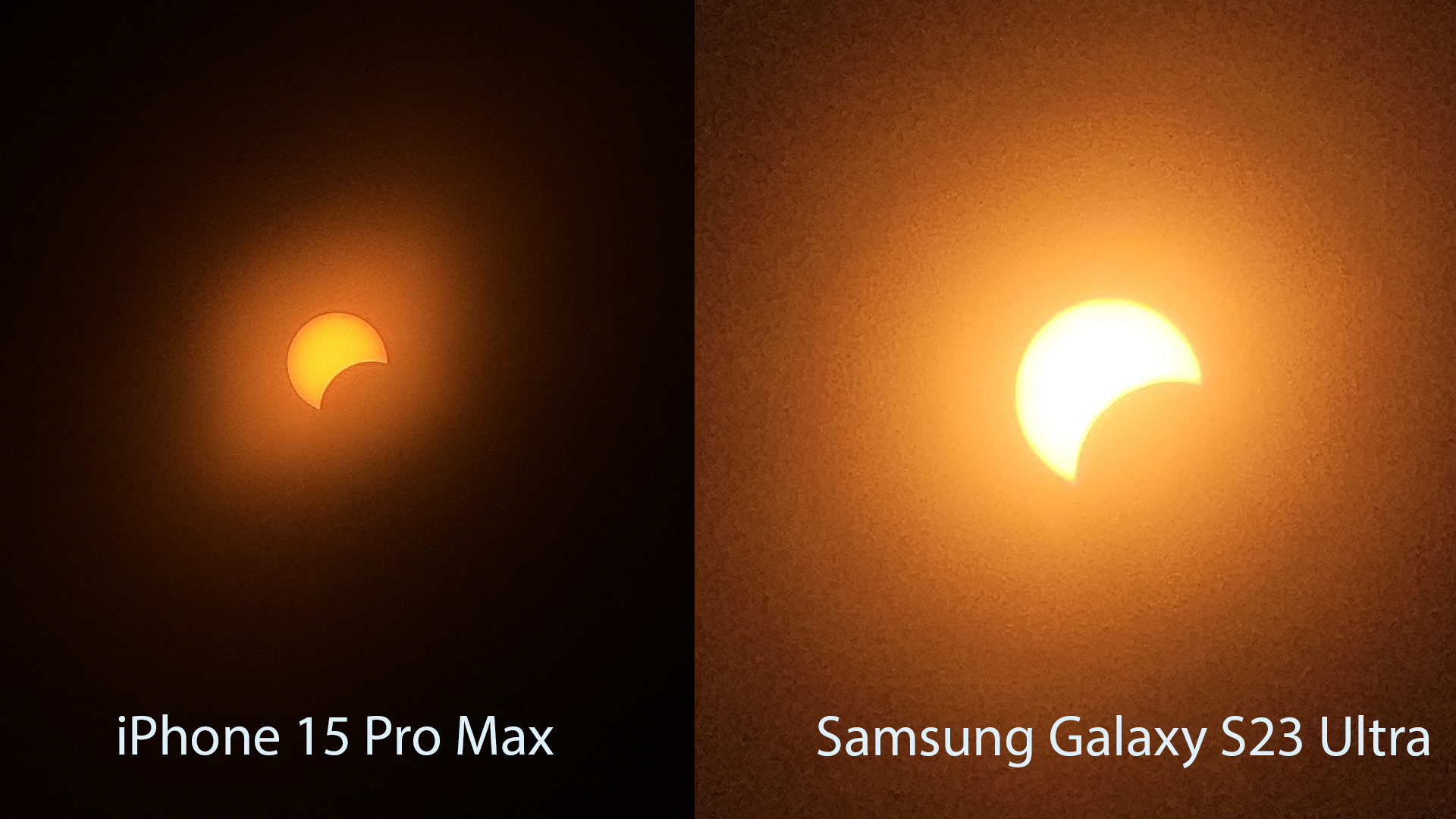 Fotojämförelse mellan iPhone 15 Pro Max och Samsung Galaxy S23 Ultra av deras bilder på solförmörkelsen 2024.