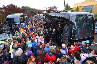 Fans swarm the Team Sky bus at Tour of Britain