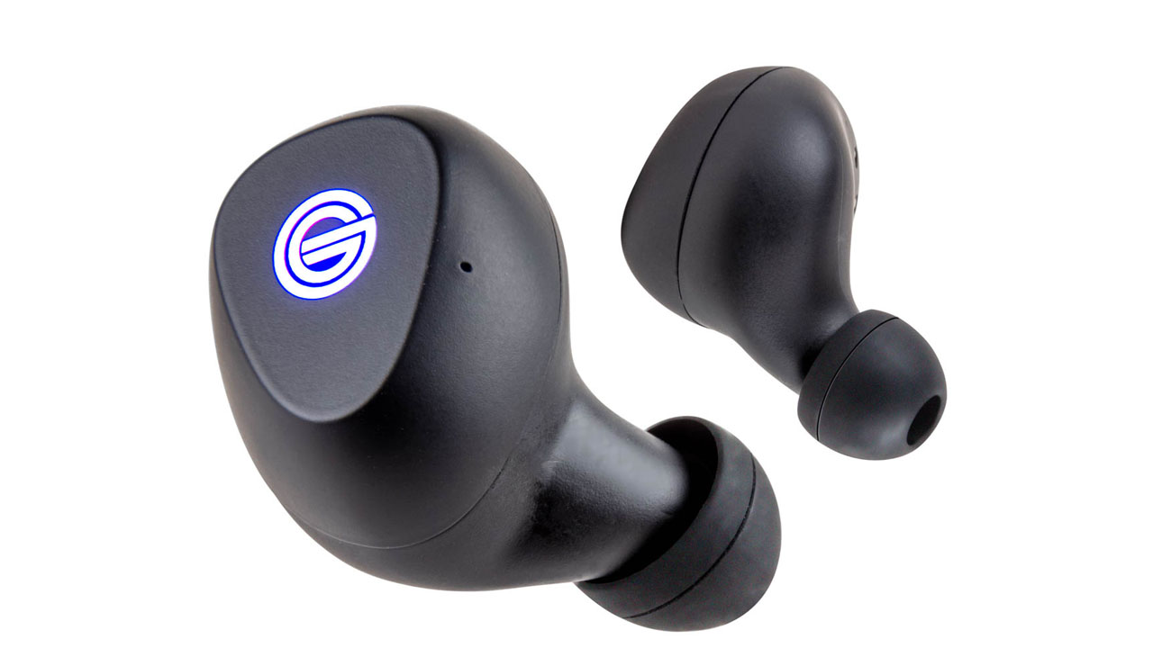The grado gt220 wireless earbuds in black with white and blue logos