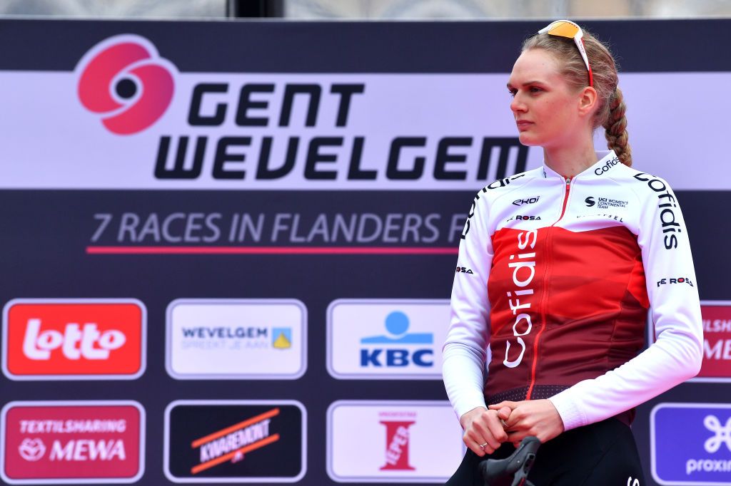 WEVELGEM BELGIUM MARCH 27 Pernille Mathiesen of Denmark and Team Cofidis Fminin during the team presentation prior to the 11th GentWevelgem In Flanders Fields 2022 Womens Elite a 159km one day race from Ypres to Wevelgem GWEwomen UCIWWT on March 27 2022 in Wevelgem Belgium Photo by Luc ClaessenGetty Images