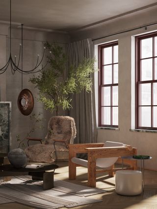 Modern minimalist living room with tree