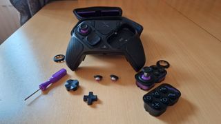 Best PC controller buying guide hero image showing the Victrix Pro BFG controller and its suite of components