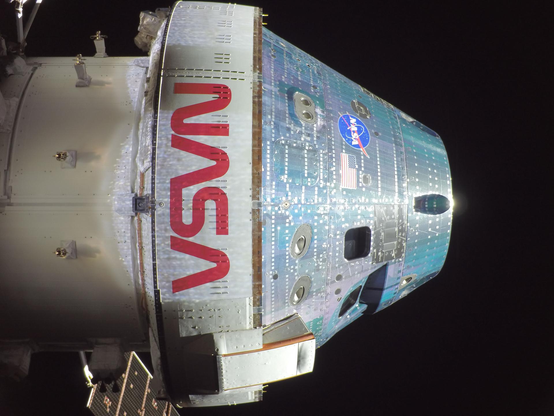 A photo of the Artemis II Orion spacecraft taken by the spacecraft on its way to the moon.