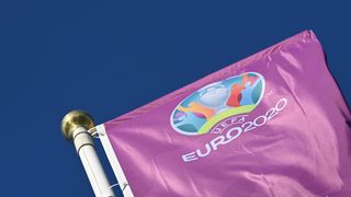 The Euro 2020 tournament flag outside Parken Stadium in Copenhagen.