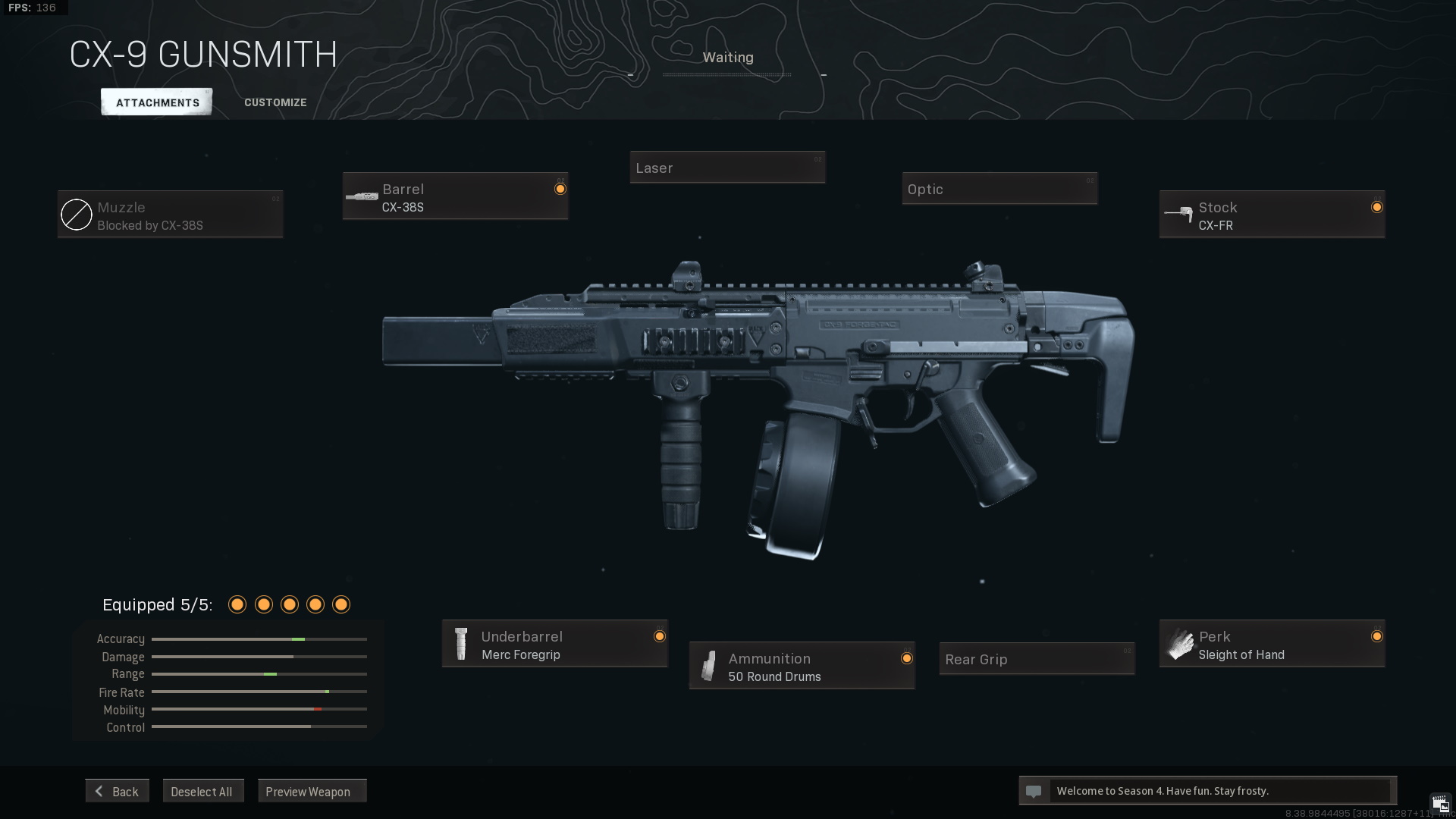 This Warzone CX-9 smg has the following attachments: CX-38S, CX-FR, Merc Foregrip, 50 Round Drums, Sleight of Hand