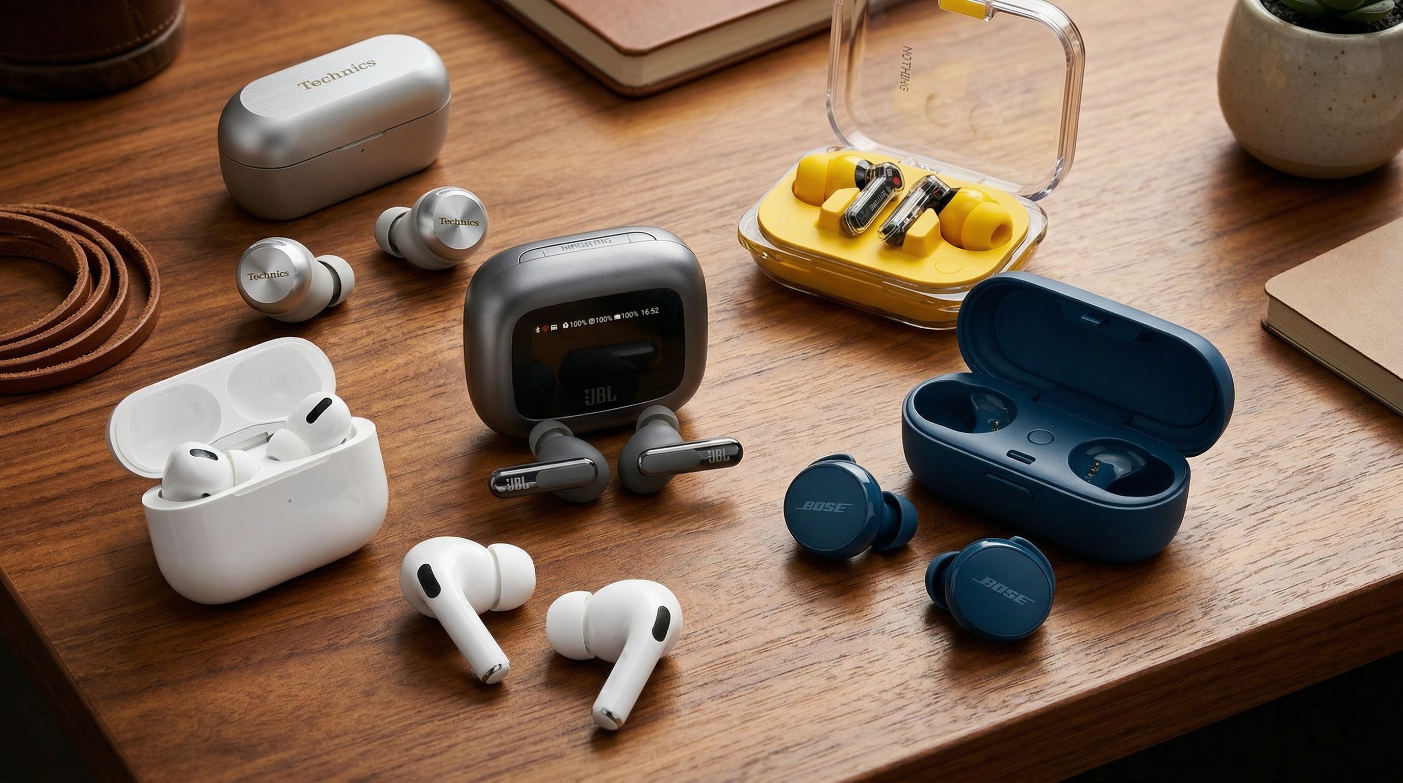 Collage of 5 pairs of earbuds arranged on a desk