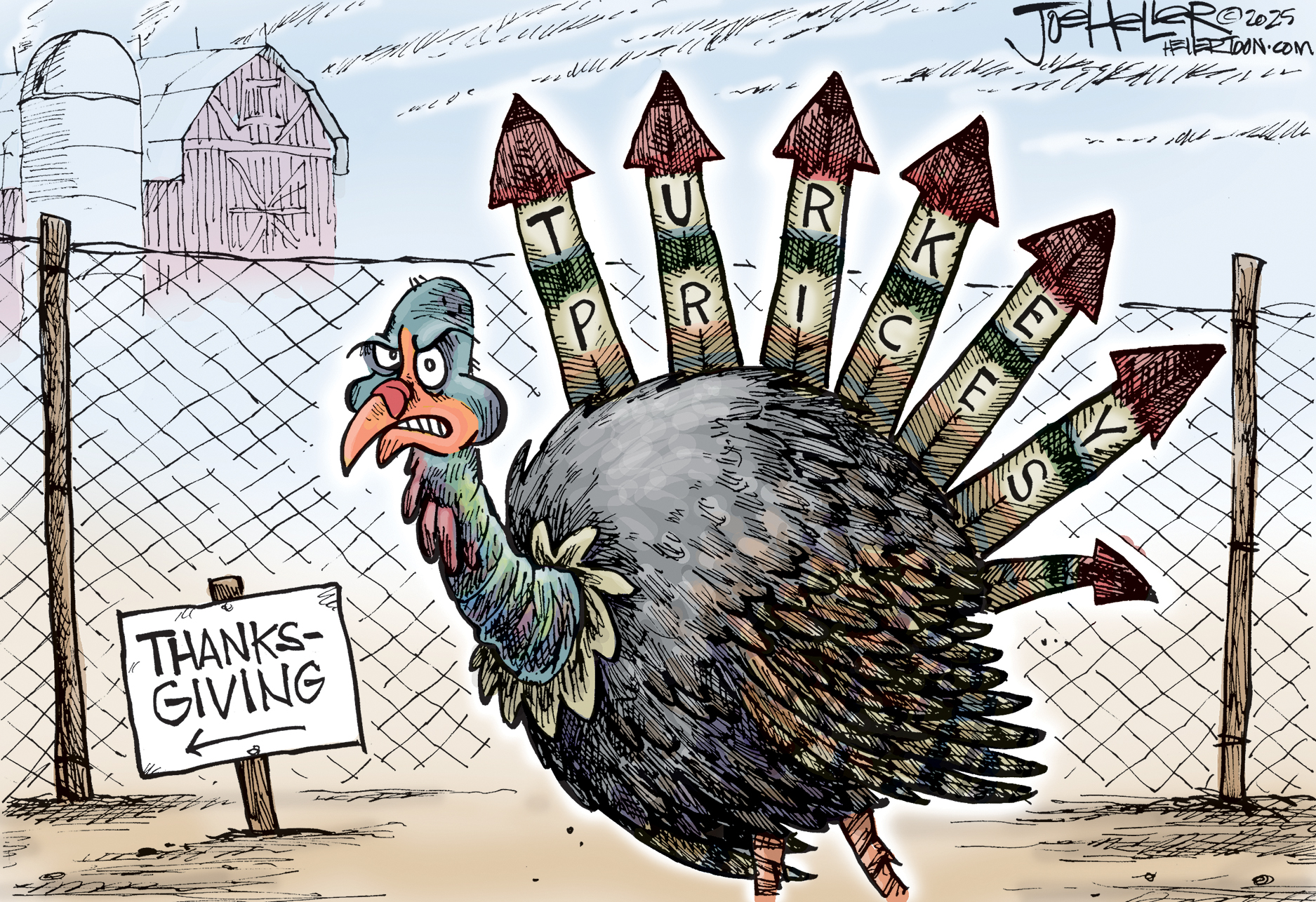 The main character of thai cartoon is an angry-looking turkey on a farm who is next to a sign that reads &amp;ldquo;Thanksgiving&amp;rdquo; with an arrow. The turkey&amp;rsquo;s feathers are spread wide, and resemble arrows pointing up. Each has a letter that together spell out &amp;ldquo;Turkey Prices.&quot;