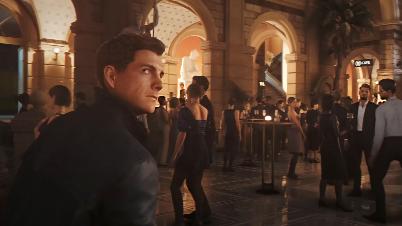 A young James Bond sneaks through a large party in 007 First Light (2026).