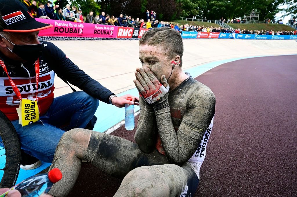 ROUBAIX FRANCE OCTOBER 03 Florian Vermeersch of Belgium and Team Lotto Soudal covered in mud cries after second place finish in the Roubaix Velodrome Vlodrome Andr Ptrieux during the 118th ParisRoubaix 2021 Mens Eilte a 2577km race from Compigne to Roubaix ParisRoubaix on October 03 2021 in Roubaix France Photo by Bernard Papon PoolGetty Images