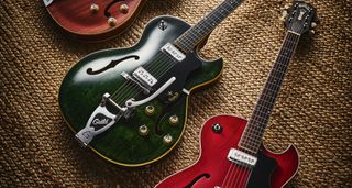 Top to bottom: 1962 Starfire II in Honey Amber, 1961 Emerald Green finish Starfire III, and 1961 Cherry Red Starfire III with laminated maple top