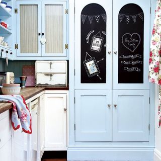 kitchen with sky blue cupboard and crockery shelves