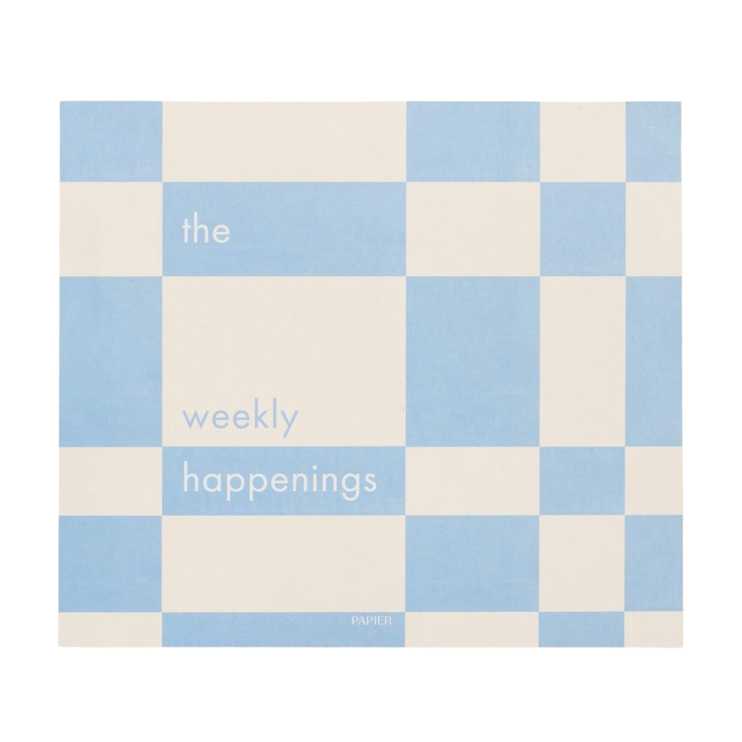 A weekly planner with white and blue squares