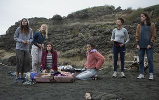 Pictured (l-r) Helena Howard, Mia Healy, Shannon Berry, Sophia Ali, Reign Edwards and Sarah Pidgeon in episode two of 'The Wilds'