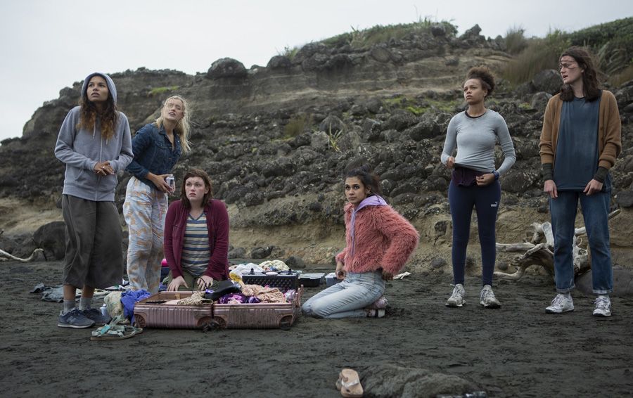 Pictured (l-r) Helena Howard, Mia Healy, Shannon Berry, Sophia Ali, Reign Edwards and Sarah Pidgeon in episode two of &#039;The Wilds&#039;