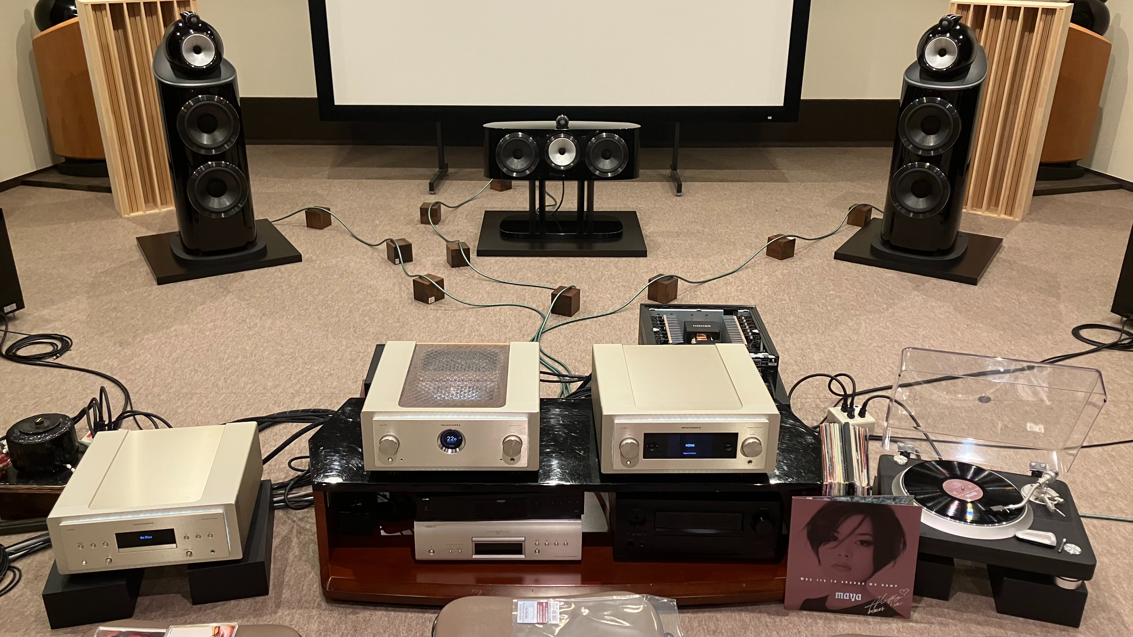 A sound-treated professional listening room with a surround sound speaker system and hi-fi components set up