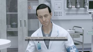 Starfield — a screenshot of dialogue with an NPC physician, who's currently offering to remove a trait in exchange for credits.