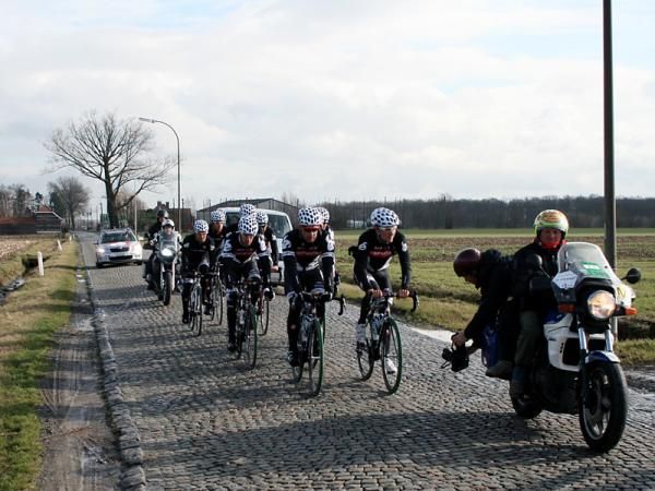 The Cervelo TestTeam train on the cobbles before the Omloop Het Nieuwsblad