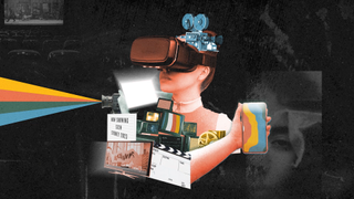 stills from animation showing woman in a VR mask with other media around her