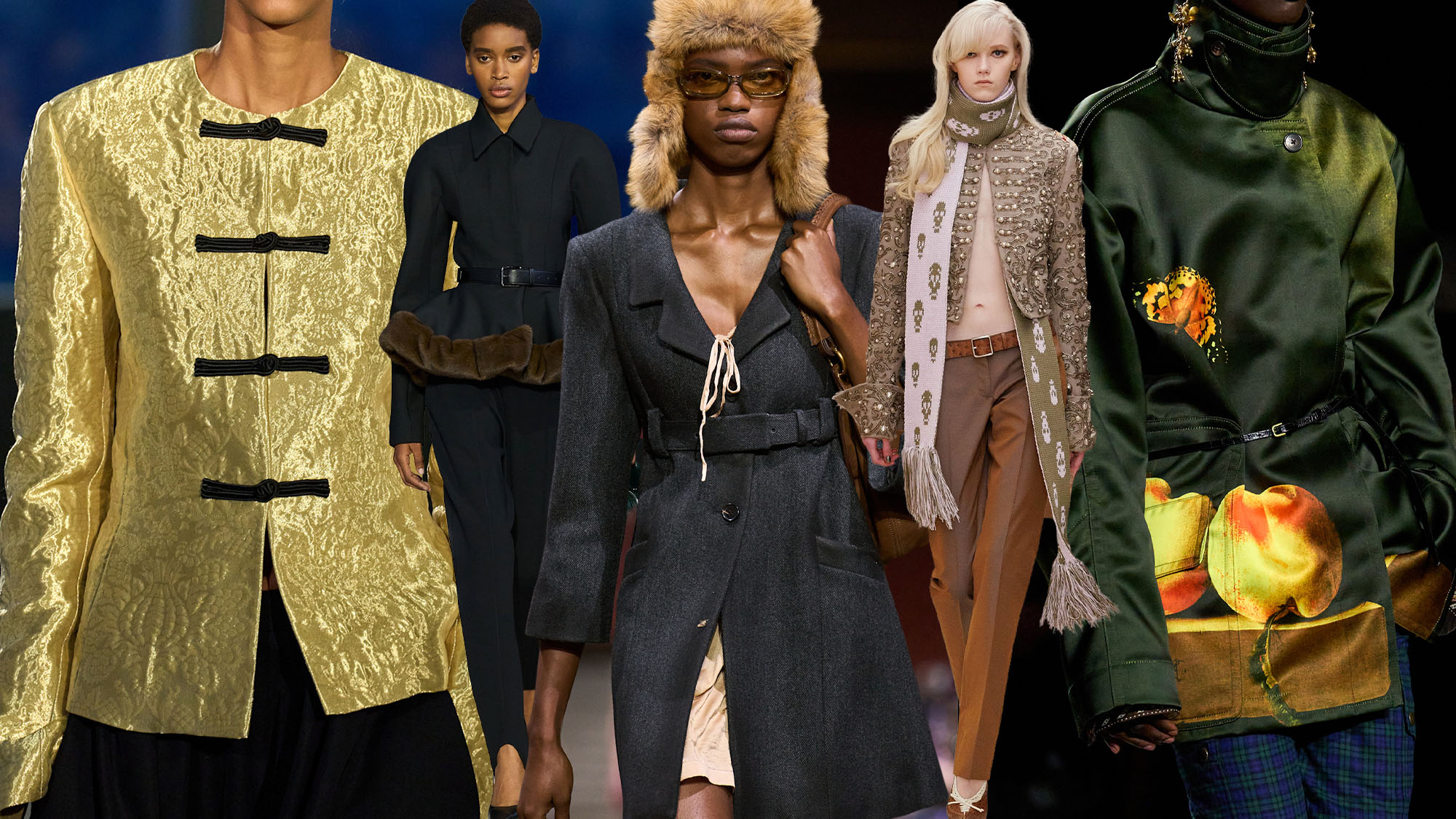 Collage of models wearing fall jacket trends.