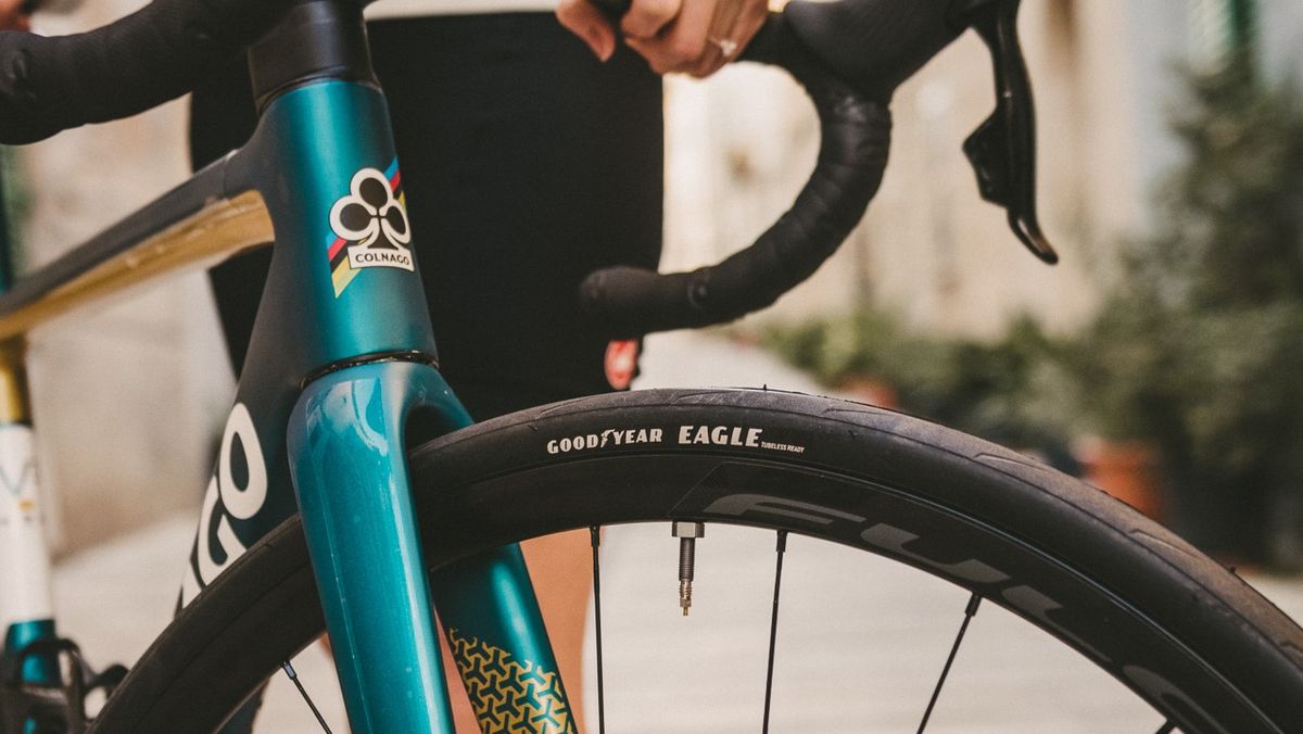 Goodyear Eagle tyre on a fulcrum wheel in a Colnago bike 