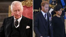 A composite of a picture of King Charles in September 2022 and a picture of Prince Harry and Meghan in September 2022