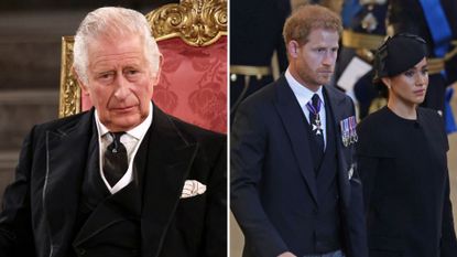 A composite of a picture of King Charles in September 2022 and a picture of Prince Harry and Meghan in September 2022