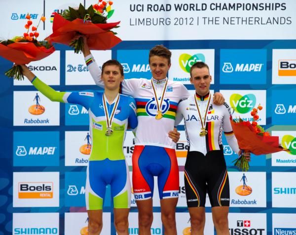 The junior men's TT podium: Matej Mohoric (Slovenia), Oskar Svendsen (Norway) and Maximilian Schachmann (Germany)
