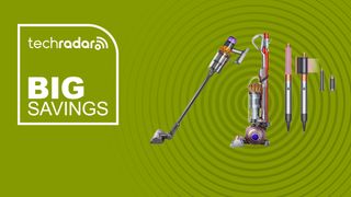 A selection of Dyson products on a green background with Big Savings text next to it.