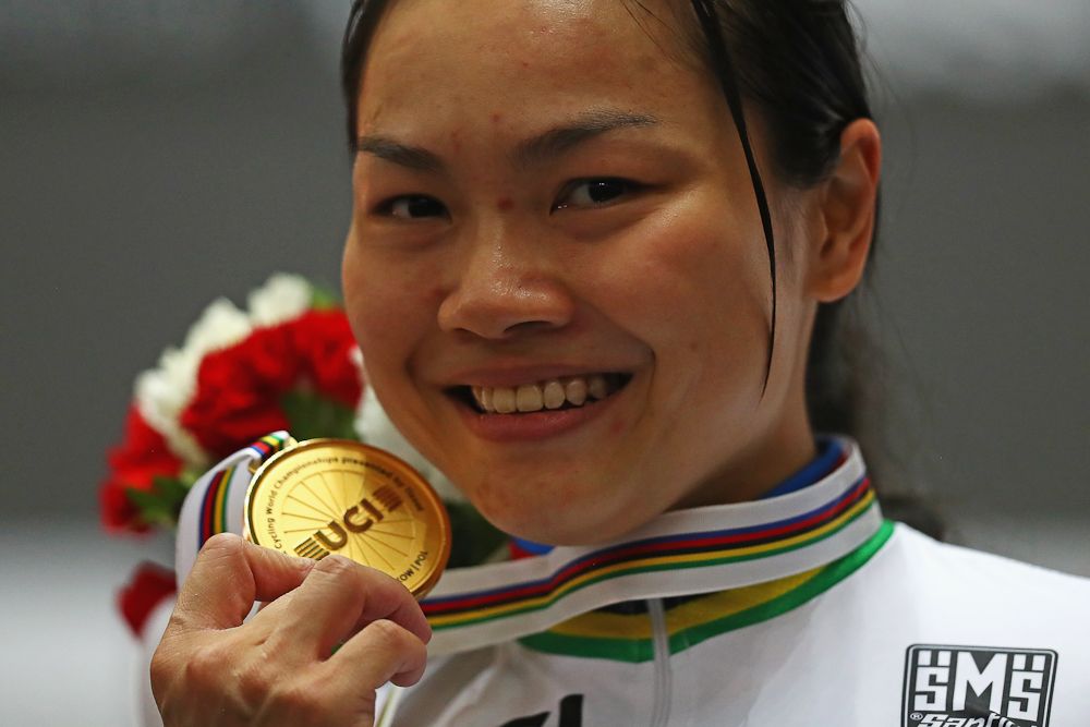 Lee Wai Sze of Hong Kong celebrates winning the Women's sprint Gold Medal Final on day three of the UCI Track Cycling World Championships