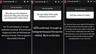 screenshots of Uche Instagram stories about Love Is Blind season 5 Lydia Aaliyah