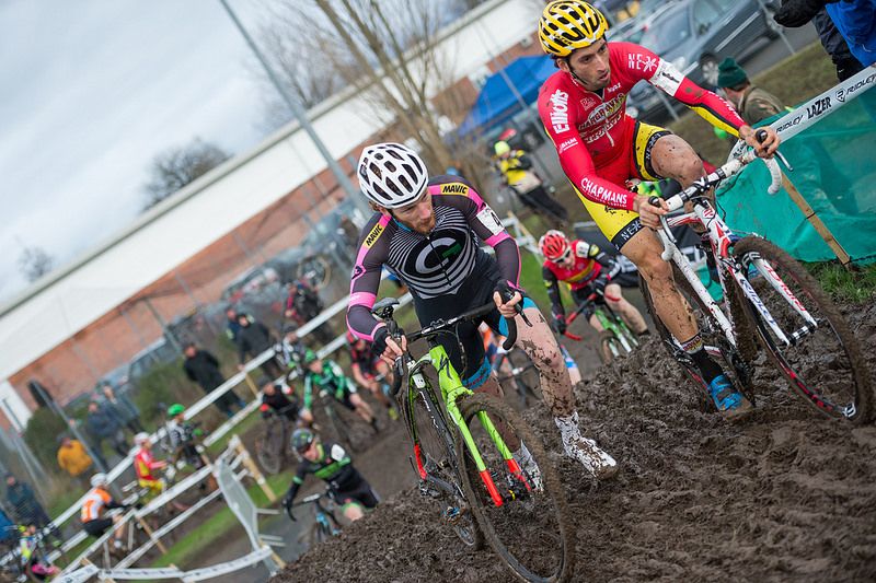 The elite men in action at the British Cyclo-cross National Championships in Shrewsbury.