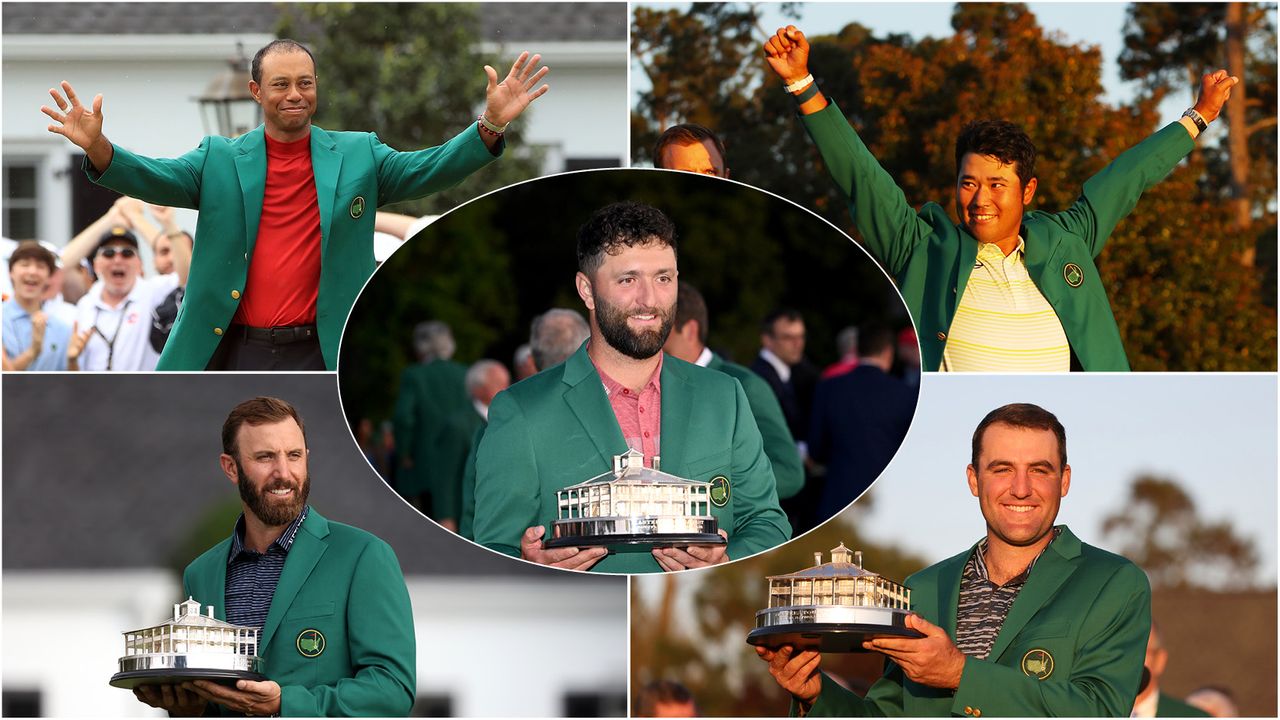 The past five Masters winners - Tiger Woods (top left), Dustin Johnson (bottom left), Hideki Matsuyama (top right), Scottie Scheffler (bottom right), and Jon Rahm (centre)