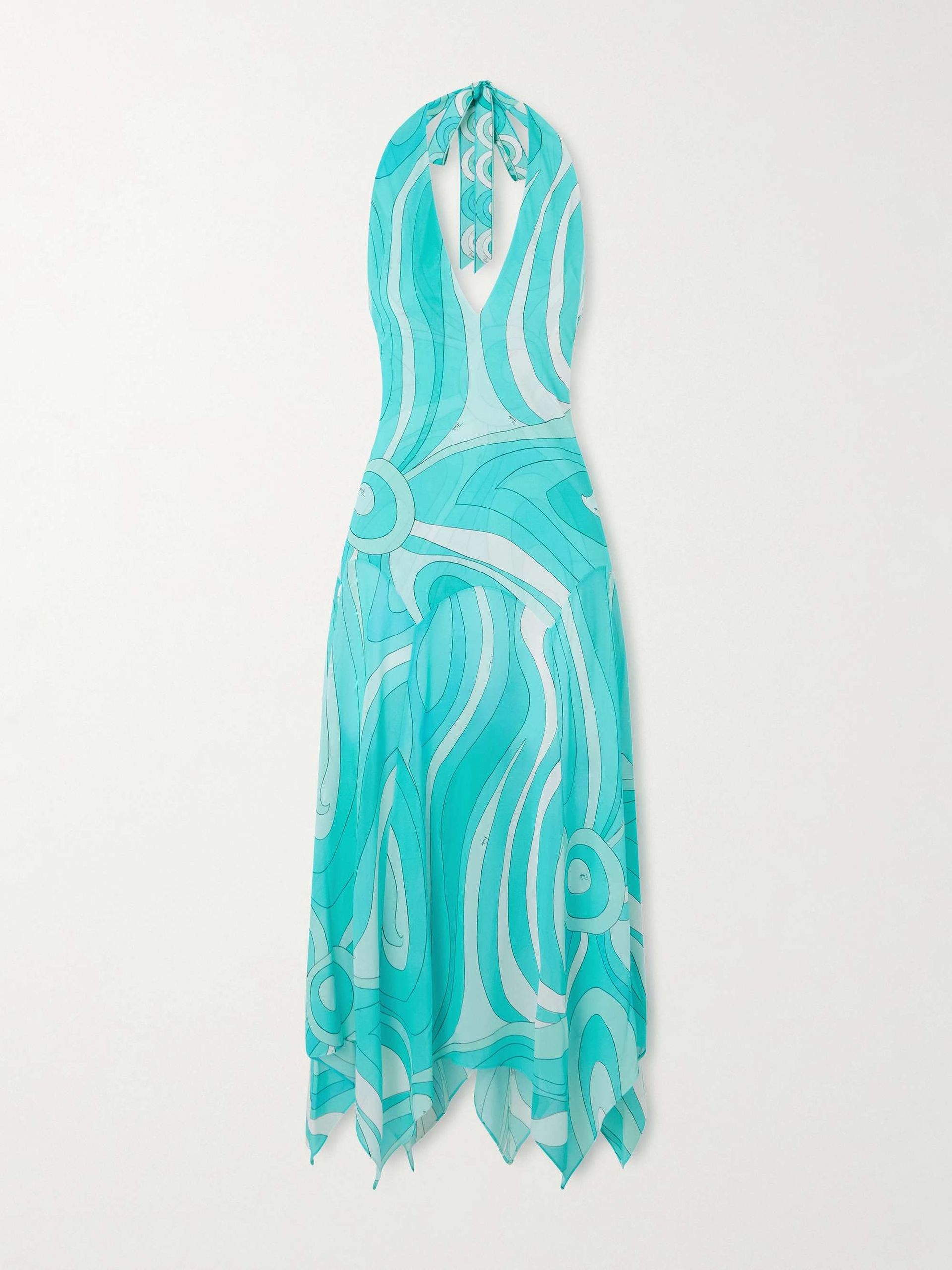 Printed Silk Twill-Trimmed Crepe-Jersey Halterneck Midi Dress