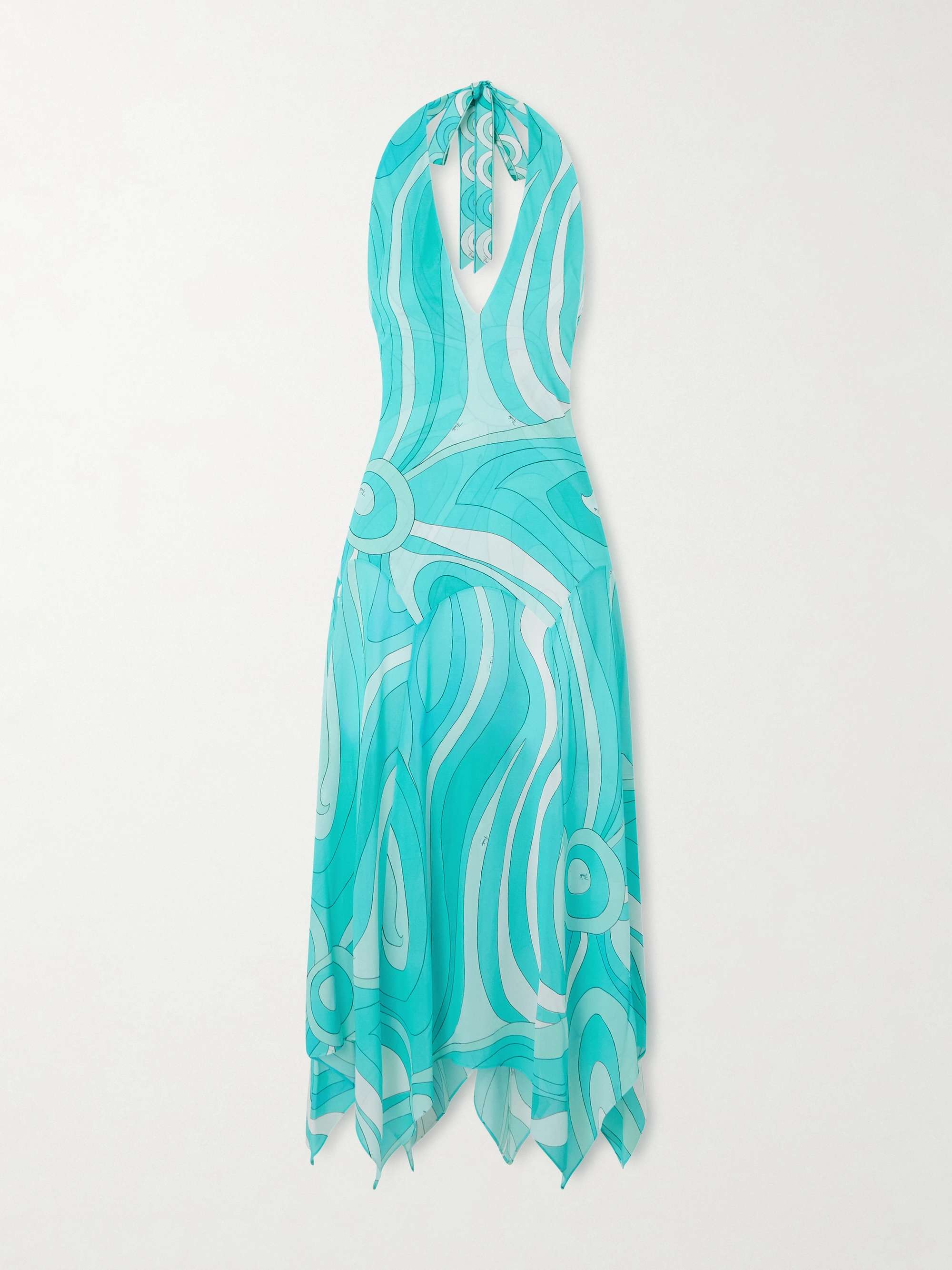 Printed Silk Twill-Trimmed Crepe-Jersey Halterneck Midi Dress
